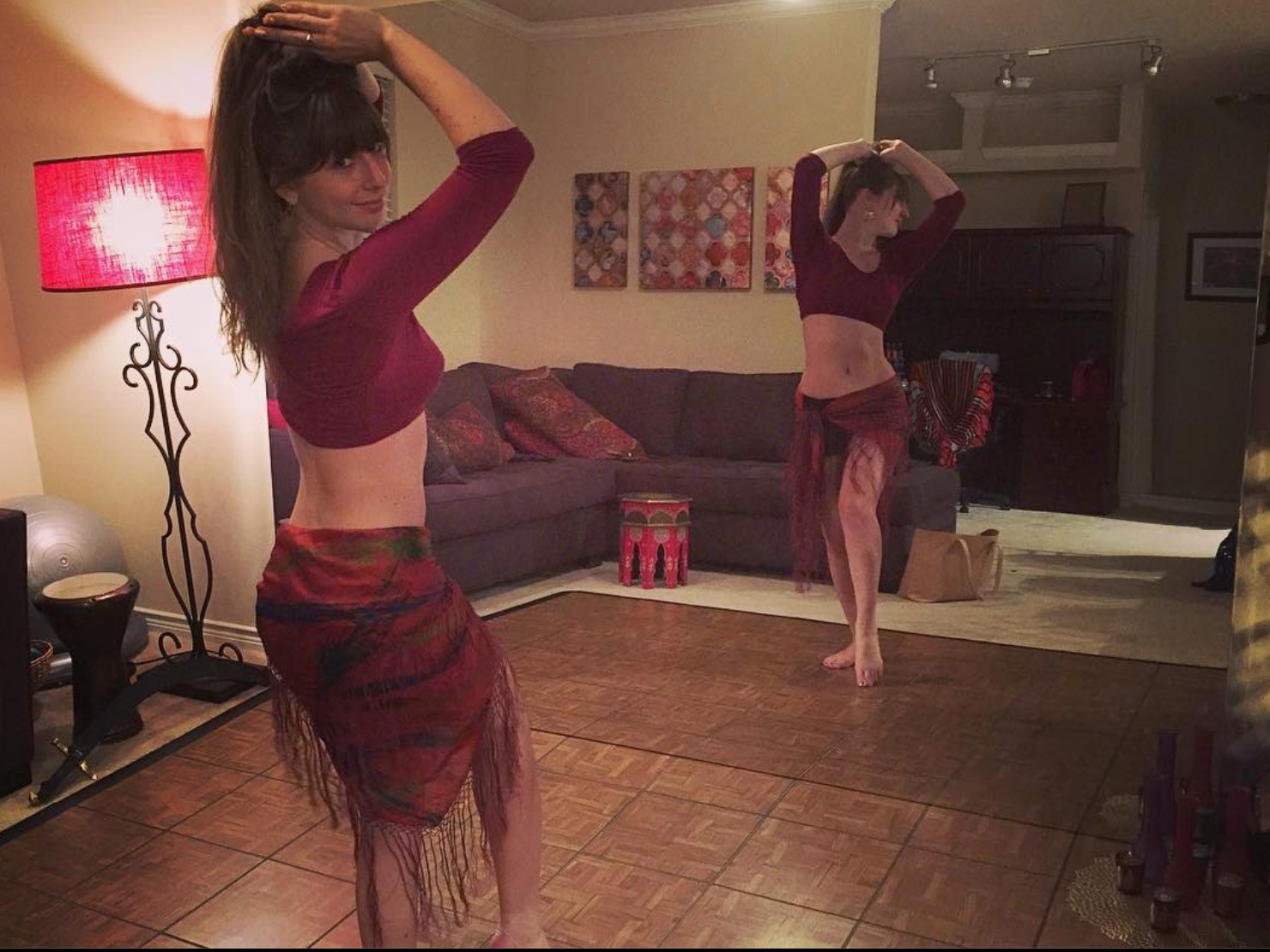 Teak style dance practice flooring at an in-home dance studio