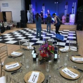 Black and White Slate style dance floor and band at this sparkling indoor event