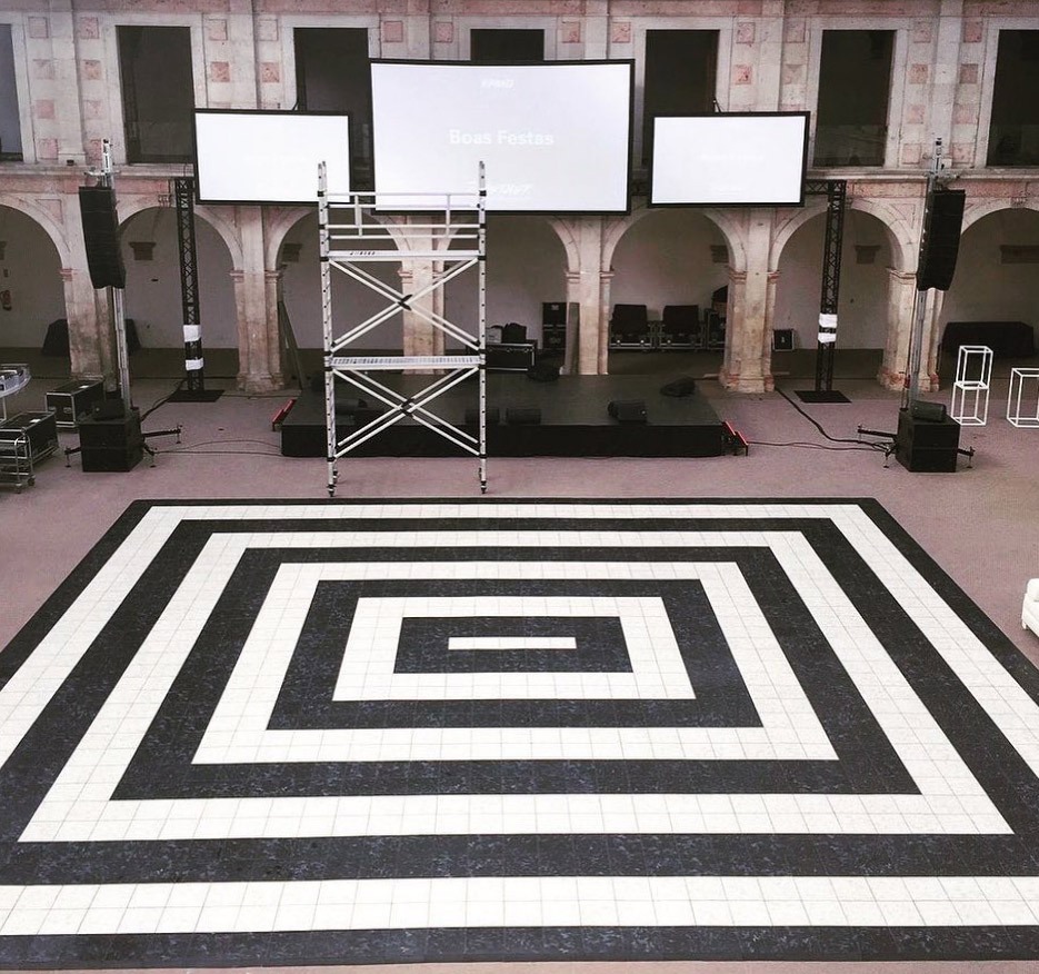 Setting up event with Luxury Marble style black and white dance floor