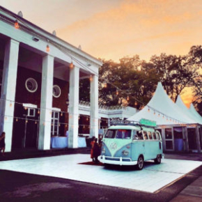 VW Bus at a venue with Slate White style dance floor